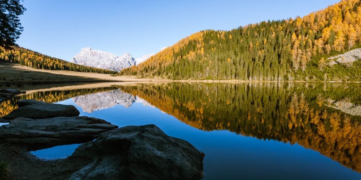 Reflections on water, autumn panorama from mountain lake